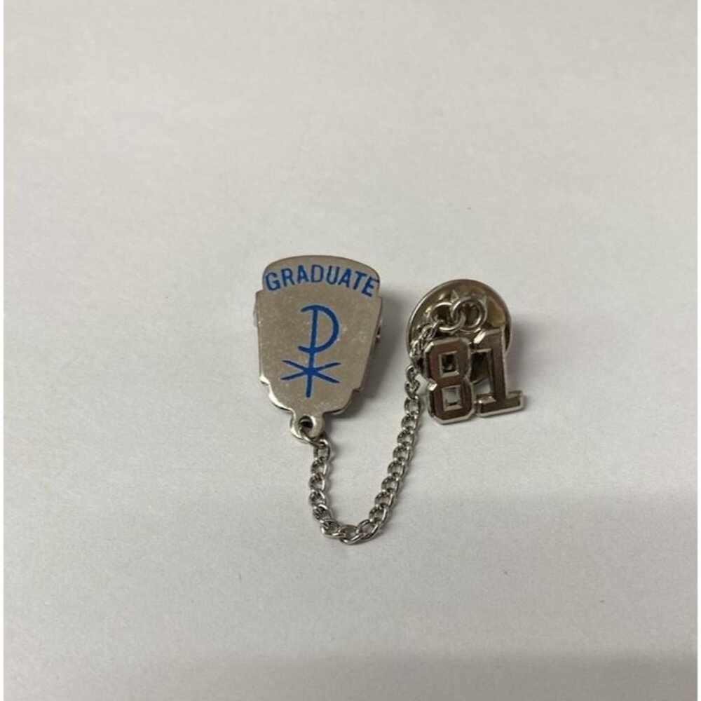 Chi Rho Graduate 1981 Lapel Pin 2-Piece with Chain Christian Religious Silver